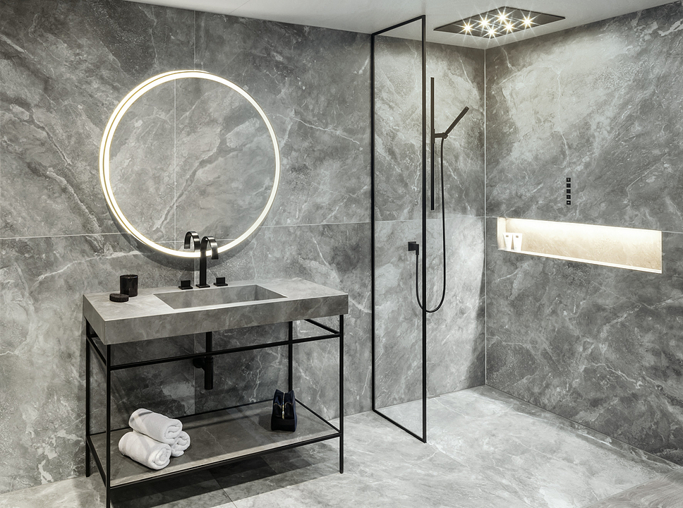 Ceramic Washbasin Bowl And Mirror On Green Ceramic Tiles Counter