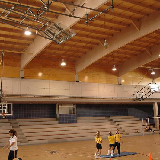 Vigas de madera en Gimnasio Colegio Cumbres / Arauco