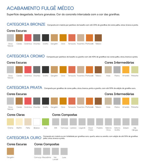 Cores e categorias disponíveis